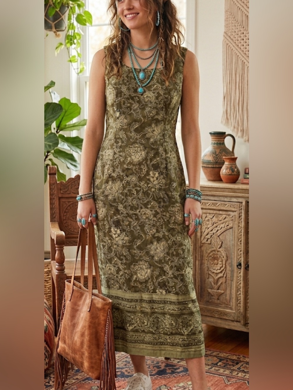 Peruvian Connection Olive Batik Print Midi Dress – Size 10